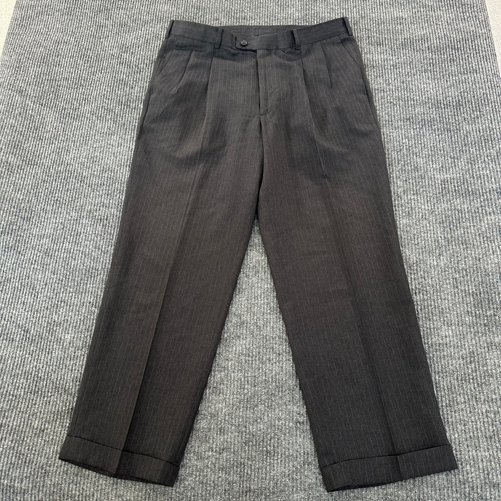 Unbranded Mens Pleated Pinstripe Dress Pants 36x30 Charcoal Gray Cuffed Trousers
